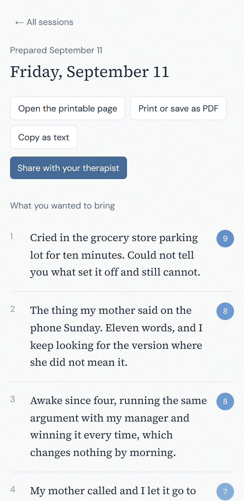 The finished page: your lines, in your order, with the option to share it with your therapist.