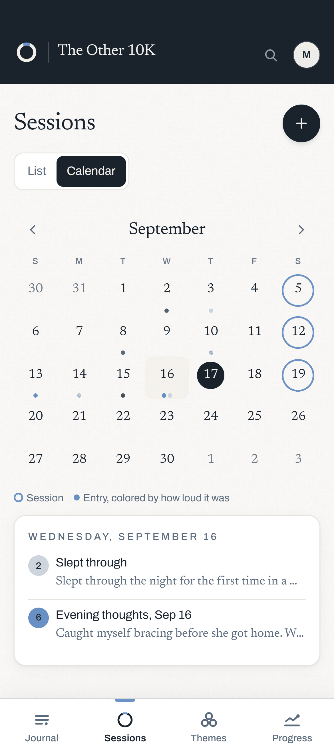 The session calendar for September: sessions ringed every Saturday, and a dot for each entry on the days in between.