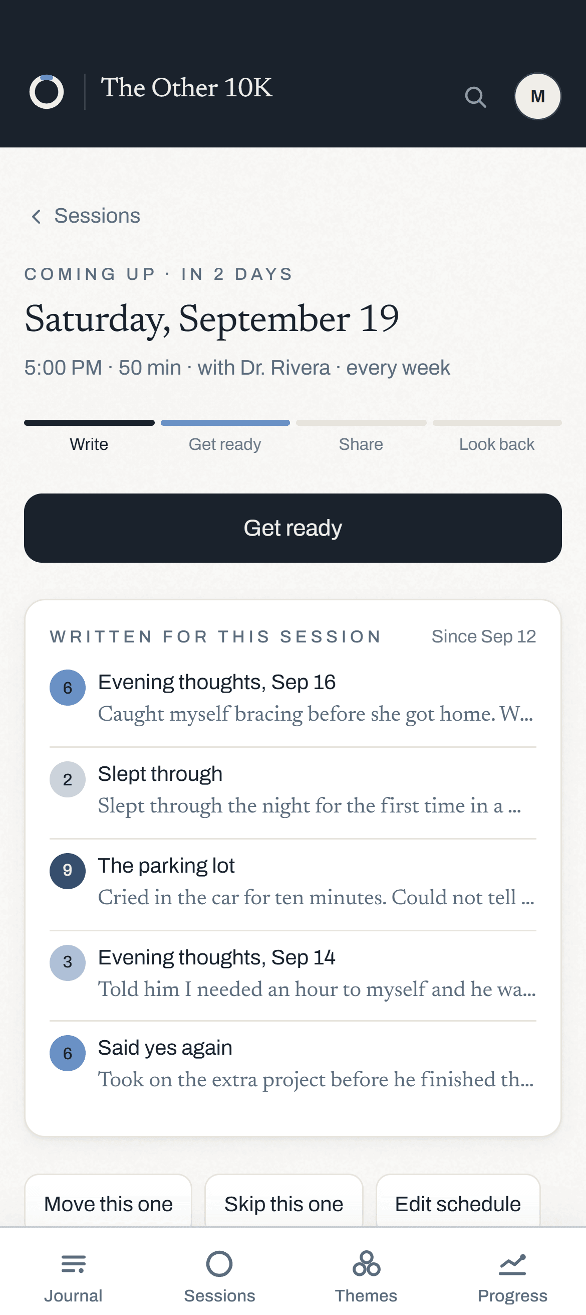 A session's own page: Saturday, September 19 with Dr. Rivera, the steps to get ready, and the five entries written for it.