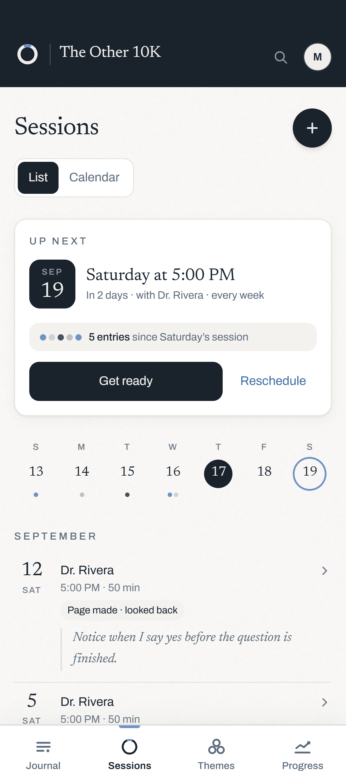 The Sessions tab: the next session on Saturday at 5 PM with Dr. Rivera, five entries written since the last one, and a week at a glance.